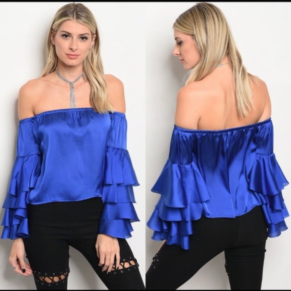NWT Blue Off the Shoulder Top with Ruffled Sleeves